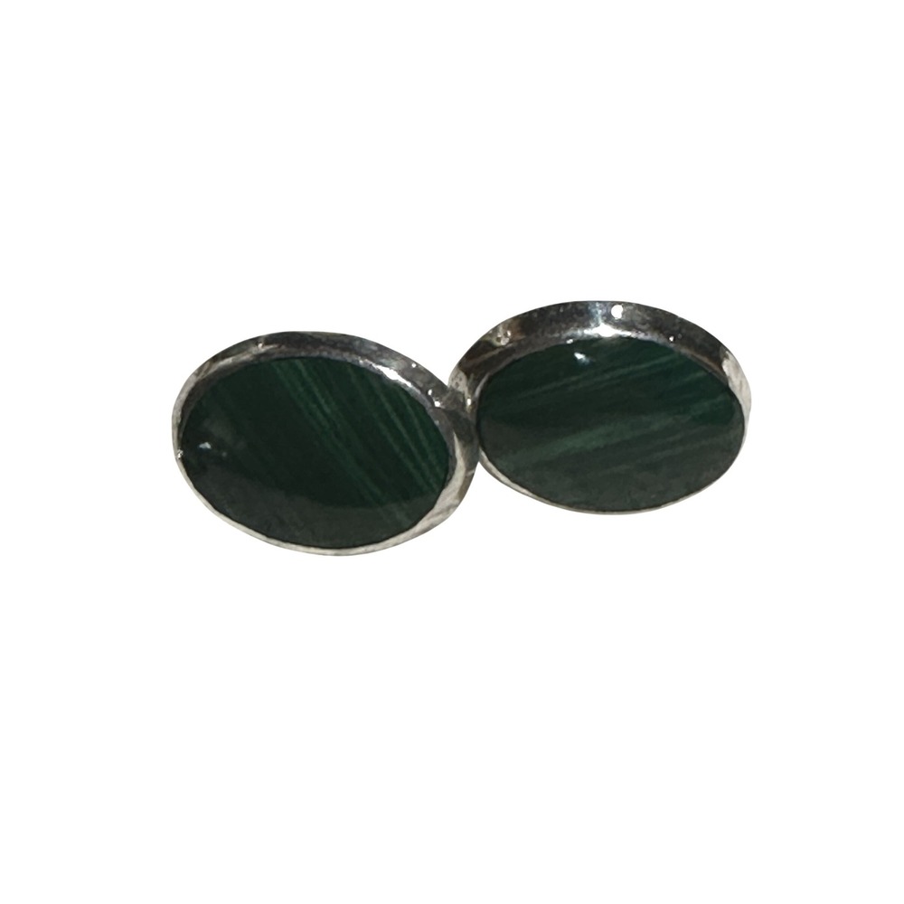 Vintage Sterling Silver Malachite Oval Stud Earrings Green Stone 925 Jewelry